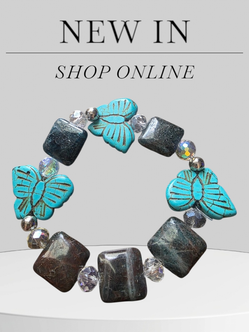 Handcrafted Turquoise Butterfly & Crystal Stretch Bracelet